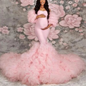 Mermaid Maternity Robes for Photo Shoot Tiered Ruffles Pregnant Women Dress Sexy Detachable Sleeves Babyshower Gown