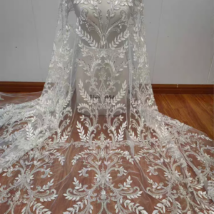 New White Sequined 3D Leaves Pattern Sequined Beaded Soft Lace Fabric Wedding Dress