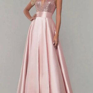 Sparkle Dress Prom Formal Evening Dresses FloorLength Sleeveless V Neck Bridesmaid Dress Satin with Pleats Sequin Dresses