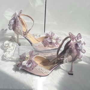 New 2025 Handmade High Heels Pointed Toe Gorgeous Flower Wedding Elegant Lolita Shoes