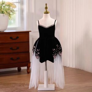 Jill Wish Luxury Black Flower Girl Dresses Pearls Sweetheart Strapless for Kids Wedding Birthday Holiday Pageant Party Gown J557