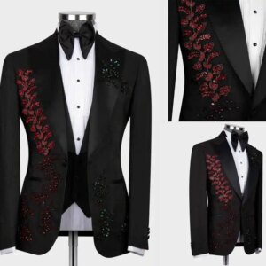 Luxury Wedding Tuxedos Beaded Crystal One Button Men Suit Peaked Lapel 2 Piece Set Jacket Vest Groom Blazers Customized