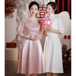 Pink Satin Mother Of The Bride Dresses Elegant Scoop Neck A-Line Tea-Length Women Wedding Party Gowns For Mom
