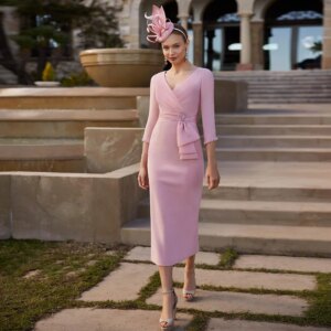 Pink Mother of the Bride Dress with Wrap V Neck 3/4 Sleeves Column Wedding Guest Gown for Woman Tea Length Beaded Bow Party Gown