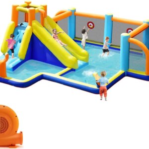 Inflatable Water Slide With 750w blower, Giant Soccer Water Park Bounce House w/Goals, Splash Pool, Blow Up Water Slides