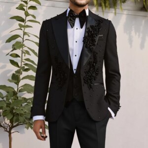 3 Piece Mens Tuxedo Suit Set Handmade Beads Customized Slim Fit Groom Fashion Wedding  Formal Tailored Wear Jacket Vest Pants
