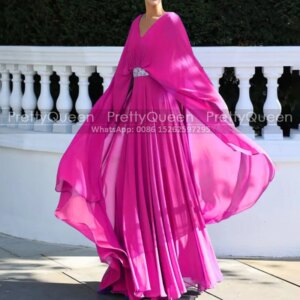 Customized Long A Line Mother of the Bride Dresses With Beaded Sequins V Neck Cloak Hot Pink Chiffon Prom Dress Party For Women