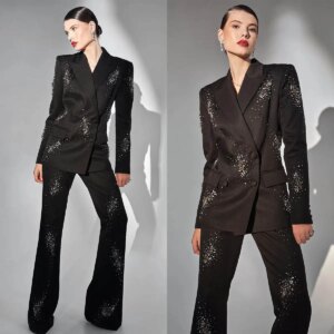 Customized Women Pants Suits Fashion Crystal Beading Jacket Sets Formal Ladies Red Carpet Party Wear Outfits 2 Pieces