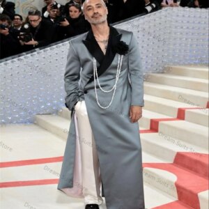 Long Men Suit Set 2 Piece Grey Blazer+White Pants Trousers Wedding Tuxedo Pearls 3D Flower Coat Customized Formal Office Jacket