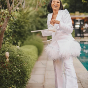 Feather White Women Suit Set 2 Piece Blazer+Pants Trousers Cotton Formal Office Business Lady Jacket Customized Wedding Coat