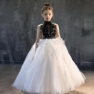 Jill Wish Luxury Black-White Girl Bridesmaides Dresses Dubai for Princess Kids Birthday Wedding Party Pageant Ball Gown J189