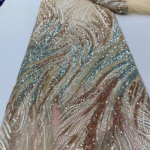 New Arrival 2024 High Quality Gold Sequin Beaded Fabric Women’s Evening Dress French Mesh Lace Fabric for African Wedding KB4336