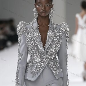 Grey Silver Pearls Women Suit Set 2 Piece Blazer+Pants Trousers Formal Office Lady Jacket Cotton Wedding Tuxedo Coat Customized