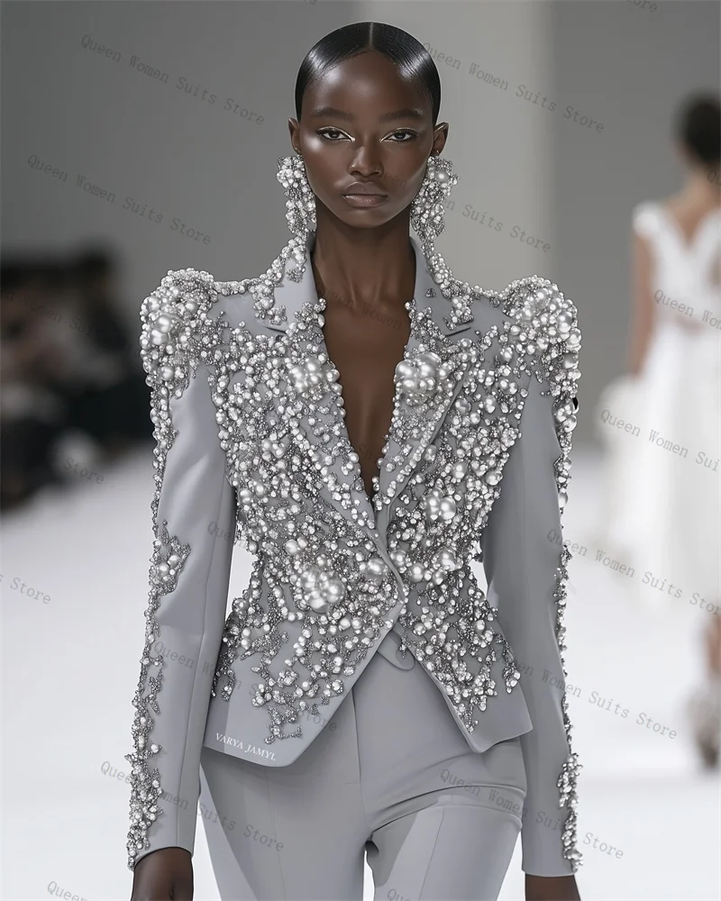 Grey Silver Pearls Women Suit Set 2 Piece Blazer+Pants Trousers Formal Office Lady Jacket Cotton Wedding Tuxedo Coat Customized