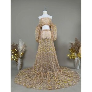 Don&Judy Flower Off Shoulder Top And Skirt Two Pieces Set Maternity Dress Transparent Photography Part Gown Photo Shoot Studio
