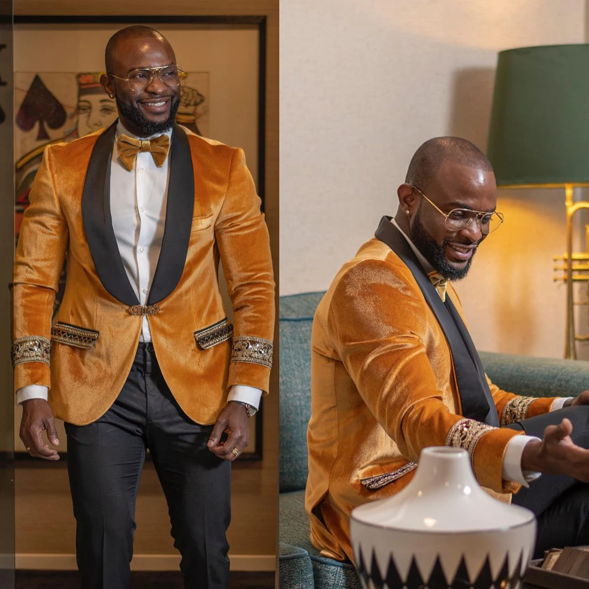 Golden Velvet Wedding Tuxedos 2 Pieces Sequined Blazer Jacket Shawl Lapel Customized Party Show Prom Formal Groom Suits