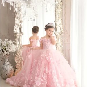 Princess Pink Flower Girl Dresses Elegant Off Shoulder Lace Applique HandMade Flowers Formal Kids Birthday Party Gown Customized