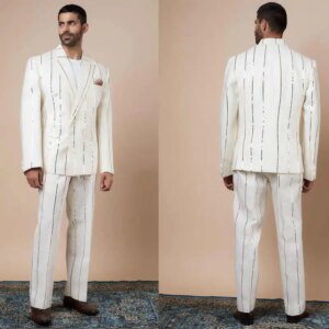Simple Pinstripe Wedding Tuxedos 2 Piece Set Jacket Pants Men Suit Classic Fit Peaked Lapel Groom Wear Party Suits Customized