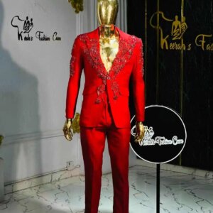 Luxury Red Men Suits Set 2 Pieces Blazer+Pants Trousers Stone Crystals Wedding Tuxedos Jacket Formal Office Cotton Male Coat