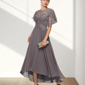 A-Line Mother of the Bride Dress Formal Wedding Guest Elegant Scoop Neck Asymmetrical Chiffon Half Sleeve with Appliques 2024