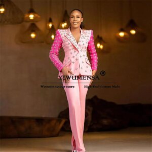 Handmade Women Pants Suits Single Breasted Prom Blazers Customized 2 Pieces Diamond Beaded Jacket Trousers Bride’s Mother Dress