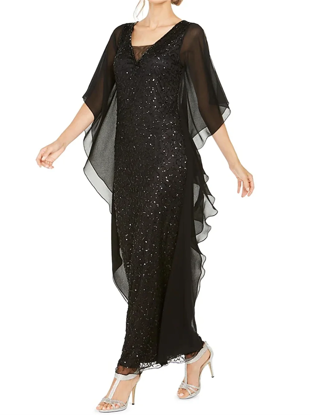 Customized Sequined Mother of the Bride Gown Elegant V Neck Ankle Length Chiffon Half Sleeve Pleated Draped Evening Gown