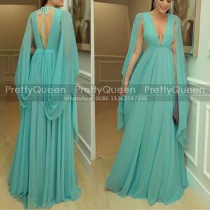 Customized Plunging Neck Mother of the Bride Dresses V Back Long A Line Shawl Chiffon Sexy Women Prom Dress