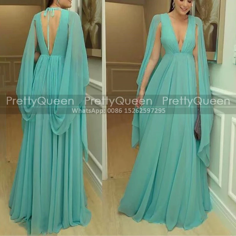 Customized Plunging Neck Mother of the Bride Dresses V Back Long A Line Shawl Chiffon Sexy Women Prom Dress