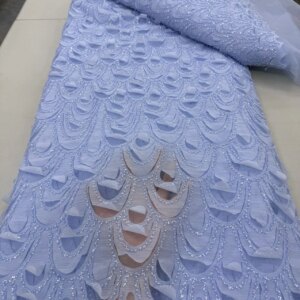 2025 African Luxury 5 Yards Sky Blue Beaded Embroidery Lace Fabric Nigerian Green Sequins Tulle Lace Fabric For Sewing KB4744