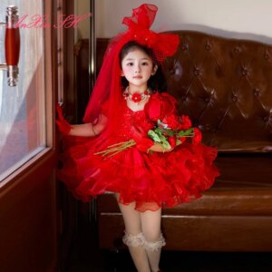 AnXin SH vintage red satin and lace princess o neck short sleeve beading pearls flower Antique customized Flower Girl Dress
