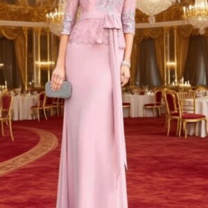 Pink Mother of the Bride Dresses Lace Scoop Neck Party Gowns Three Quarter Bow Belt Floor Length robe de soirée Customized