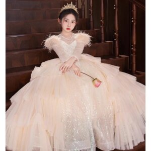 Mao Mao long-sleeved girls’ dress 2025 spring new super fairy piano performance girl host children’s performance suit