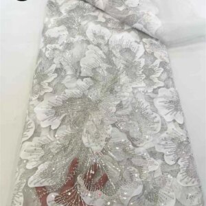 White 3D French Sequin Lace Fabric High Quality African Lace Embroidery Beaded Mesh Fabric Nigeria Women Wedding Party Dresses