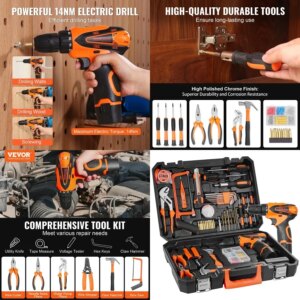 VEVOR Tool Kit 146 Pie General Household Hand Tool Set with Electric Drill and Portable Tool Storage Case HighQuality Steel for