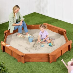 Kid’s Large Octagonal Wooden Outdoor Sandbox with Cover w/ 4 Reinforced Benches, 8 Seats, XL Sandpit, Bottom Liner – Brown