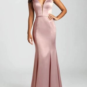 Long Mermaid Pink Evening Dress V Neck Spaghetti Sleeveless Elegant Floor Length Satin Prom Dress with Pleats for Women