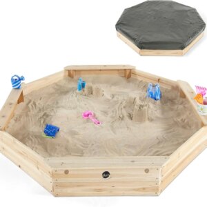 Wooden Large Sandbox with Cover – Outdoor Octagon Sand Box for Kids, Toddler Sensory Toys, Outdoor Wooden Sand Pit with Seat Boa