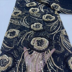African Heavy Beads Lace Fabric Luxurious Women’s Evening Dresses French Mesh With Sequence Beaded Lace Fabric For Cloth KB4280