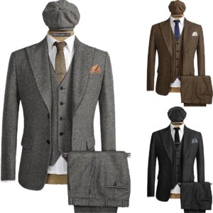 Mens Herringbone Suits 3 Pieces Wool Formal Groom Wear Work Business Customize Tuxedos Blazer Pants Vest For Wedding