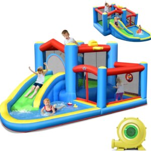 Inflatable Water Slide with 480w Blower, 6-in-1 Toddler Giant Blow Up Bouncy Water Park w/Target Ball&Climb, Water Bounce House