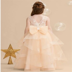 Floor Length First Communion Gowns Tulle Birthday Dance Party Ruffles Flower Girl Dresses for Wedding With Bow Sleeveless