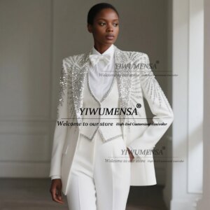Sparkling Crystasls Beaded Mother Of The Bride Dress Customized Single Breasted Blazer 3 Pieces Women Suits For Wedding Guest