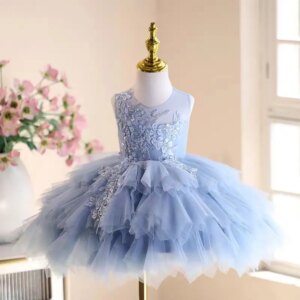 Jill Wish Cute Blue Arab Girl Dress Appliques Lace Children Princess Birthday Wedding Party Pageant Holiday Evening Gown J538