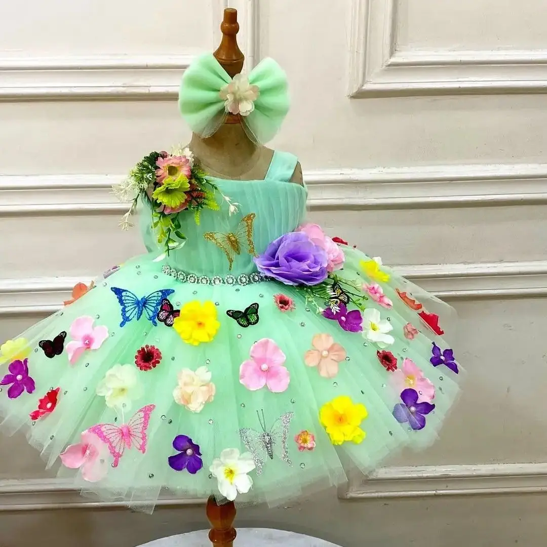 Mint Green Floral Kids Birthday Dresses Knee Length Bow Flower Girl Dresses for Wedding Customized Baby Girls Prom for Christmas