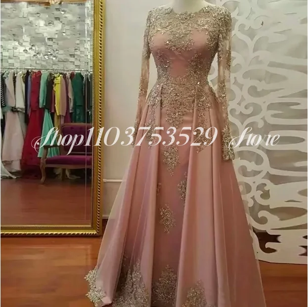 Mother of the Bride Evening  Dazzling Formal and Floor Custom Applique Illusion O Neck Tulle Long Sleeve Beaded robe de soirée