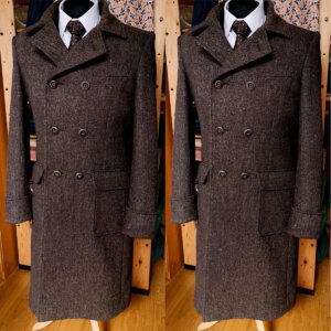 Herring Bone Men‘s Coat Double Breasted Wool Blend Vintage Warm Over Coat Formal Suit Tailored Customized