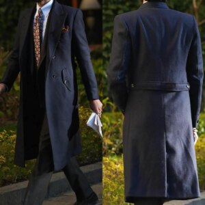 Winter Long Double Breasted Coat Vintage Navy Windbreaker Wide Lapel Tweed Jacket For Men