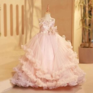 Jill Wish J246 Luxury Blush Flower Girl Dress Feathers Arabic Princess Kids Wedding Birthday Party Ball Gown Holy Communion 2025