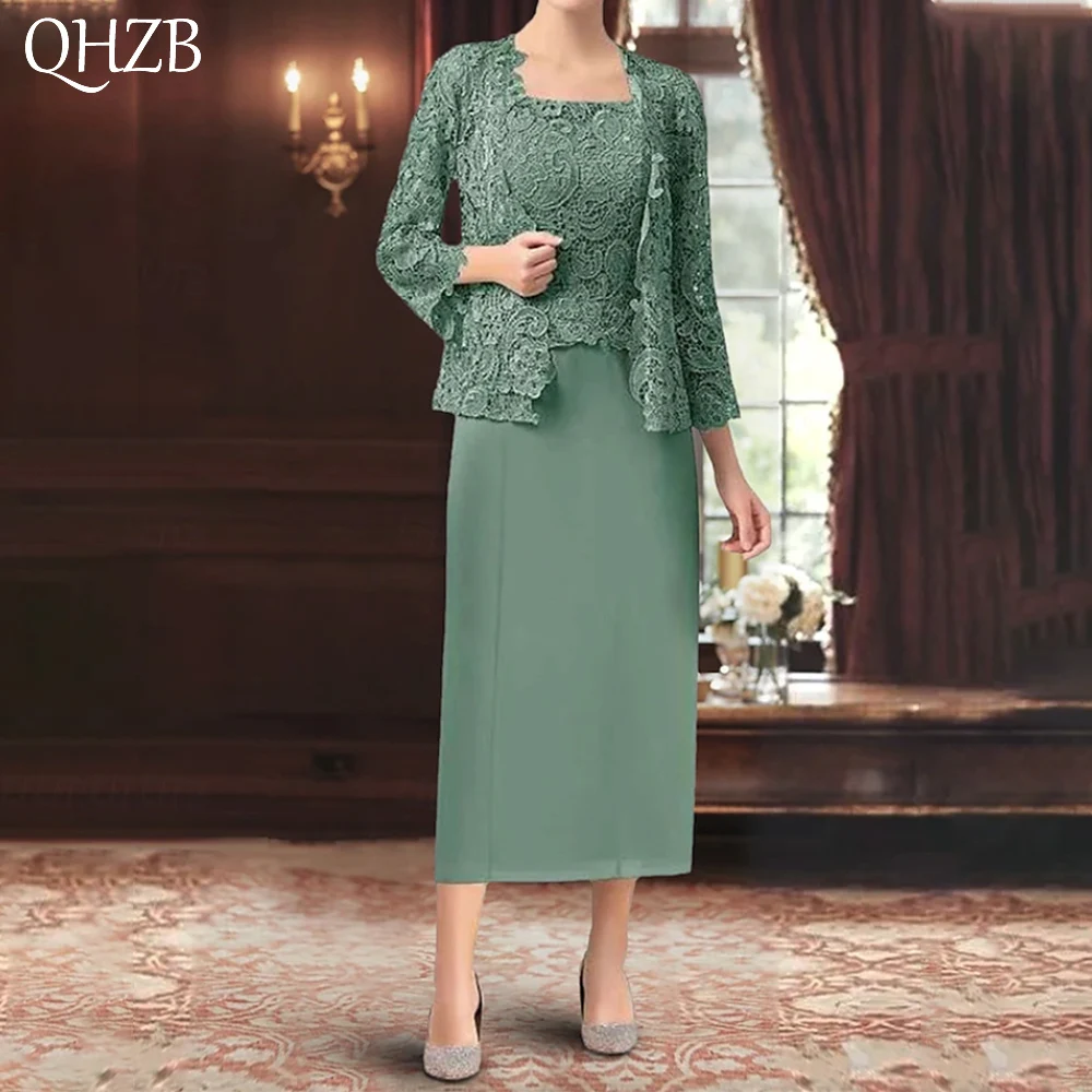 Customized 3 Pieces Elegant Long Mother of the Bride Dresses 3/4 Length Sleeve Tea-Length Wedding Guest Party Groom Dress 2025