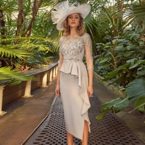 Detail Guest Wedding Party Dresses Crepe Fabric Sheath/Column Mother of the Bride Dress Grey O-Neck Lace Ruffles Cocktail Dress
